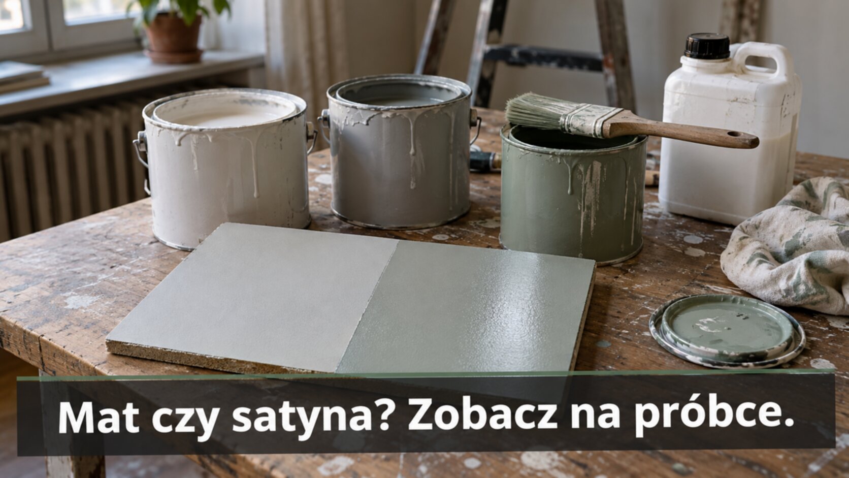 Farby do ścian: otwarte puszki farby i próbka mat i satyna na desce