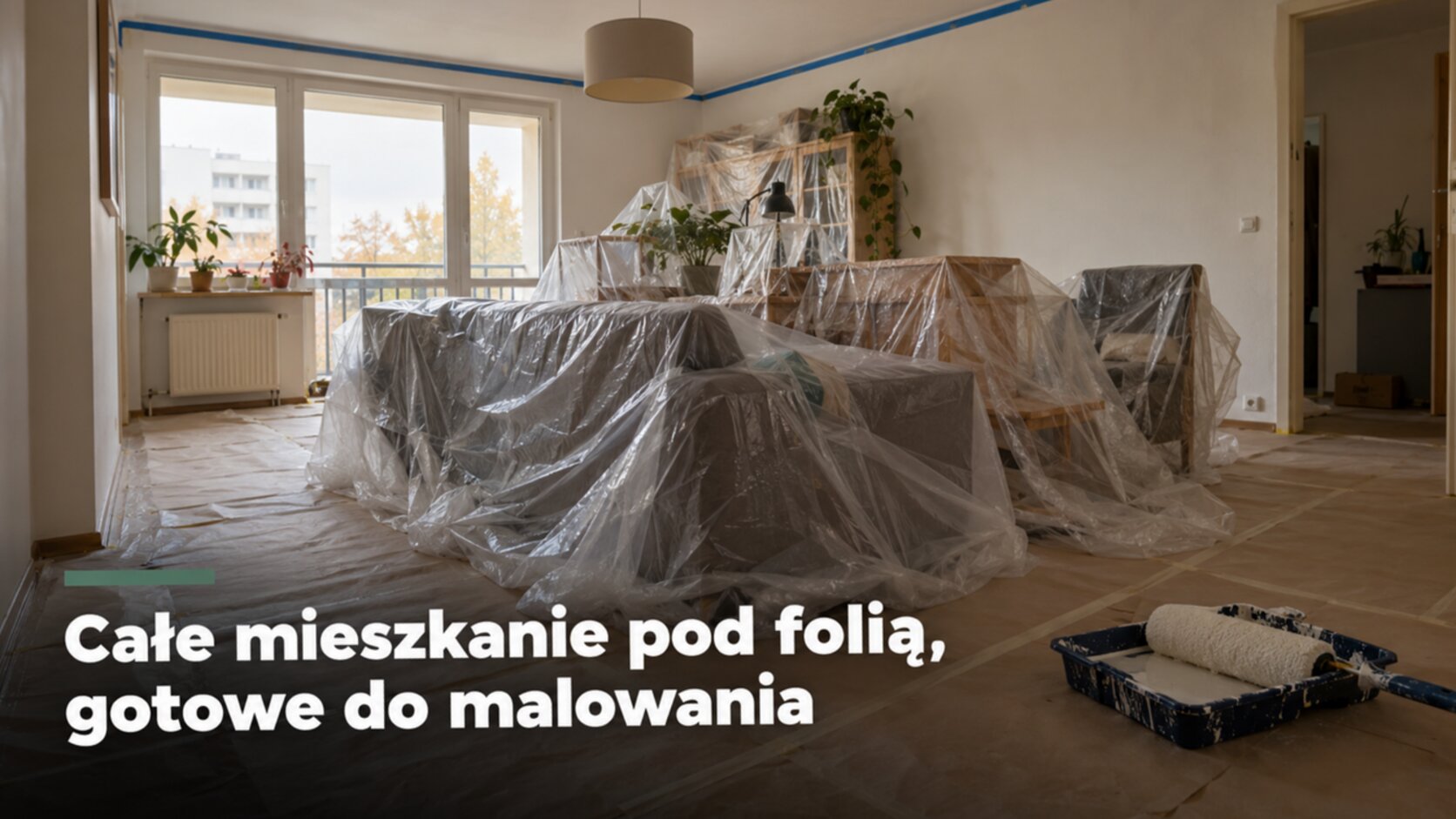 Malowanie mieszkania Warszawa: salon z meblami pod folią przygotowany do malowania
