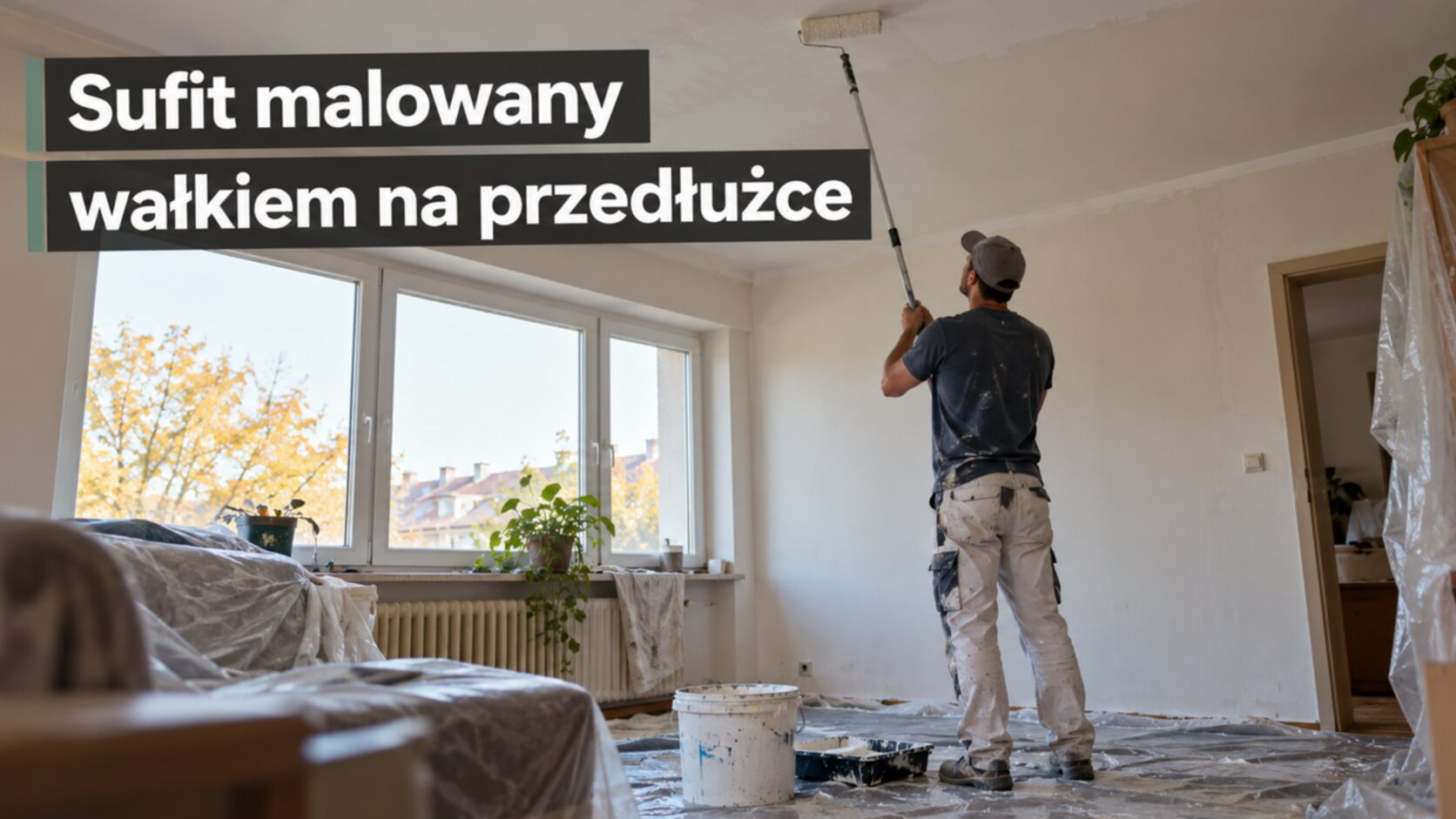 Malowanie sufitów w Warszawie: malarz maluje sufit wałkiem na przedłużce