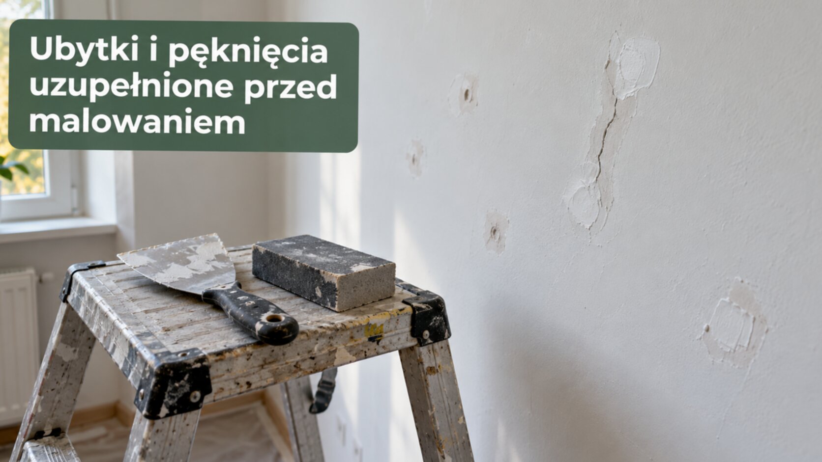 Naprawa ścian przed malowaniem: uzupełnione ubytki i pęknięcia na białej ścianie