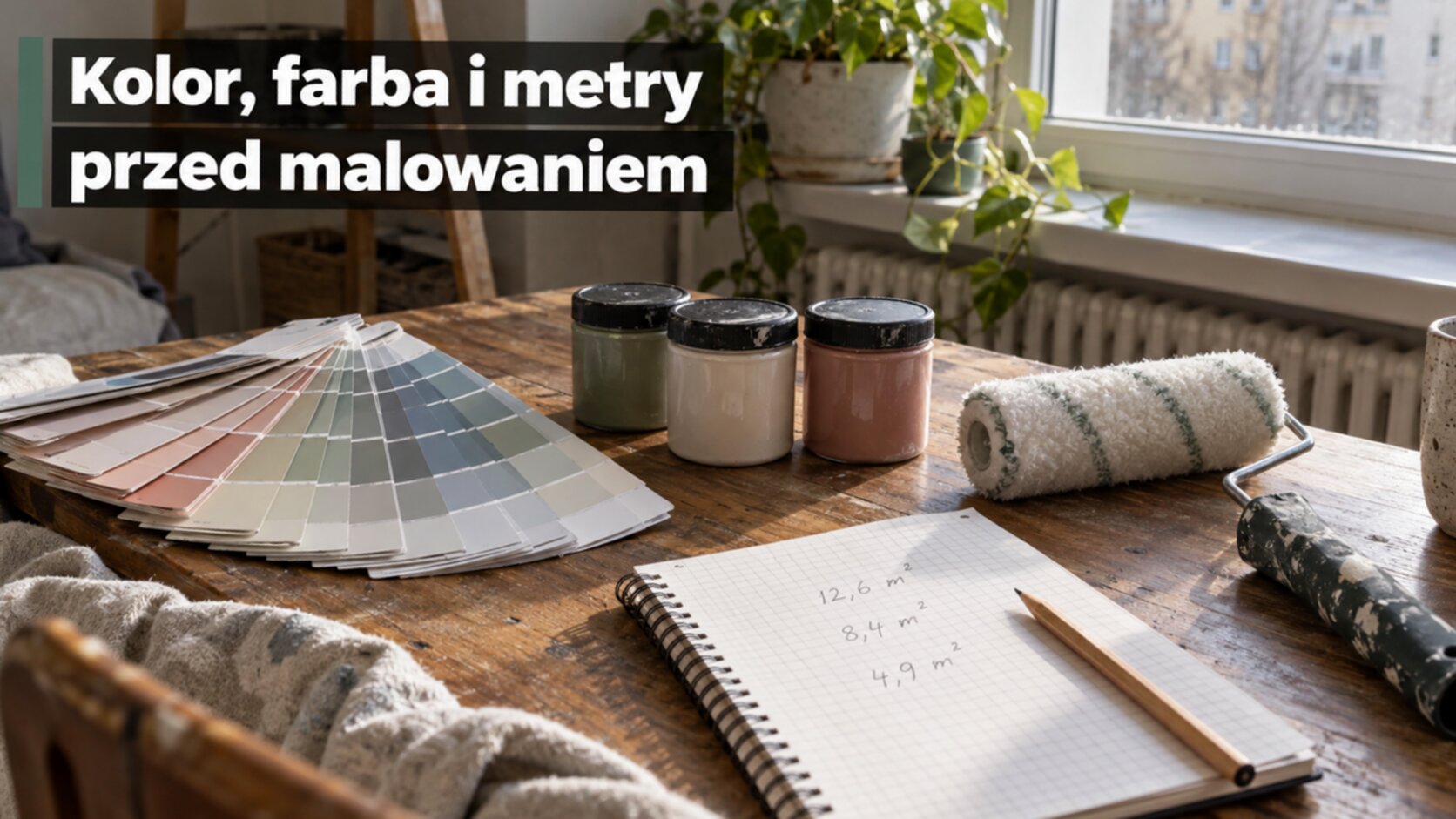 Poradnik malowania: wzornik kolorów, próbki farby i notatki z metrażem pokoi