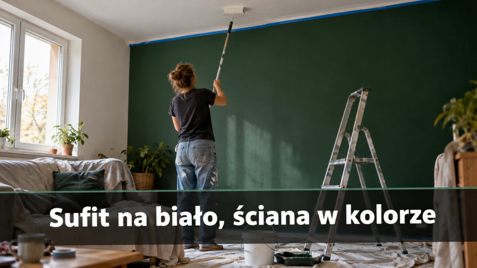 Usługi malarskie Warszawa: biały sufit i zielona ściana akcentowa z taśmą malarską
